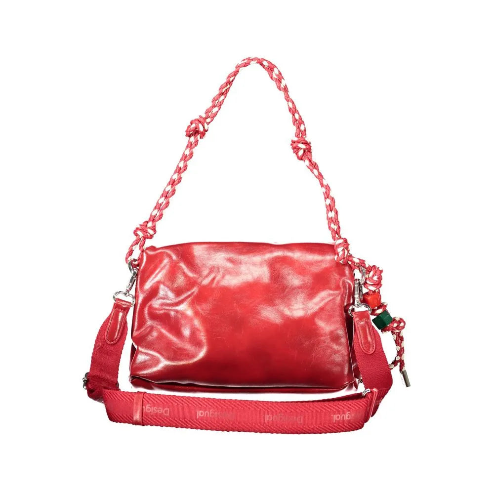Vibrant red Desigual polyurethane handbag with crinkled texture, braided top handle, logo strap, and charm.
