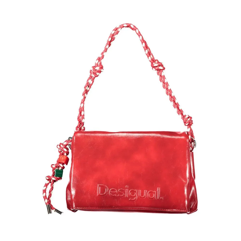 Red polyurethane Desigual women's handbag with a braided red and white shoulder strap and embossed logo.