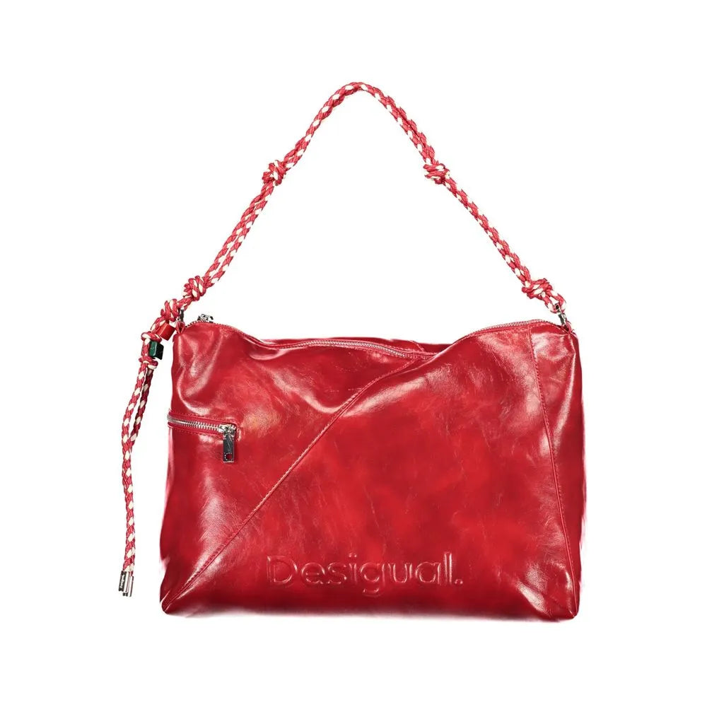 Vibrant red Desigual women's handbag with textured polyurethane, braided shoulder strap, front zip pocket, and embossed logo.