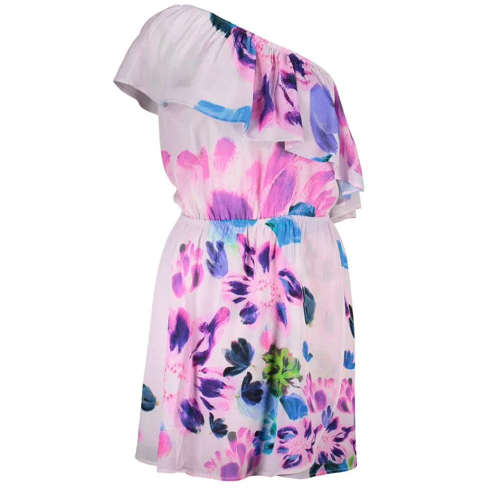 Desigual Rosa Viscosa one-shoulder short dress with ruffled neckline, elastic waist, and vibrant floral print.