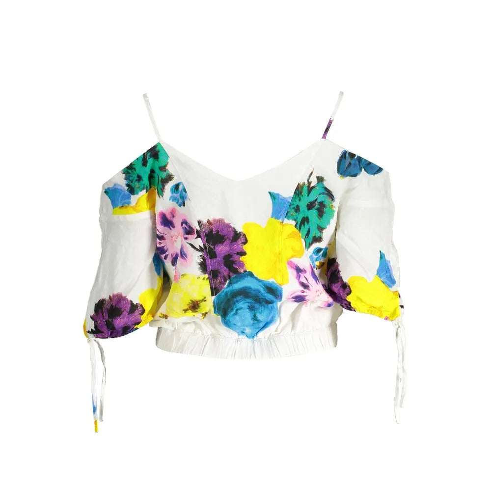 White women's off-shoulder top with vibrant multi-color floral print, V-neck, spaghetti straps, and tie-cuff sleeves.