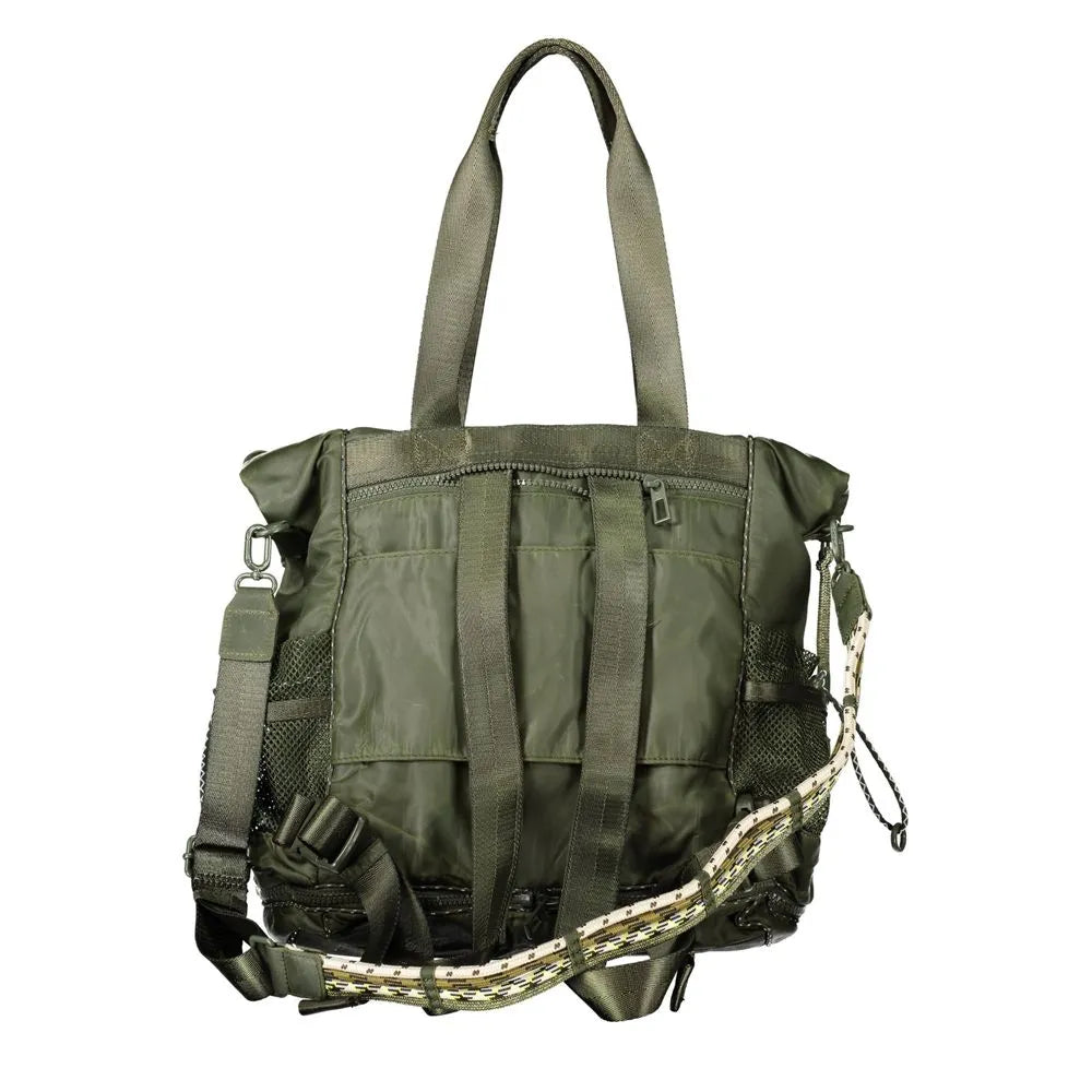 Verde polyester convertible backpack with top handles, multiple front pockets, and a decorative patterned strap.