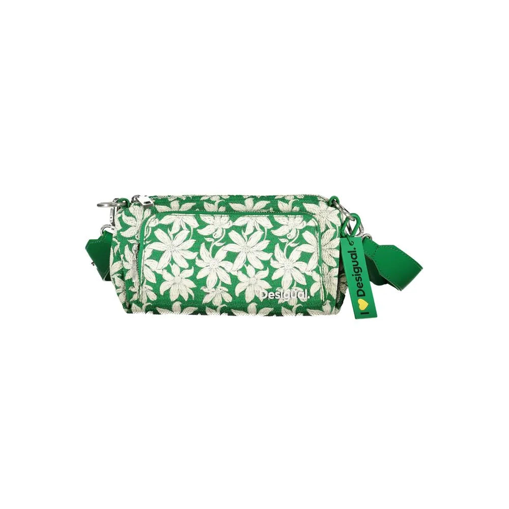 Desigual green polyurethane shoulder bag with vibrant white floral pattern, secure zip closure, and adjustable strap.