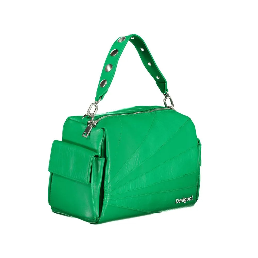 Verde polyurethane Desigual women's handbag with radial stitching, studded strap, and front flap pocket.