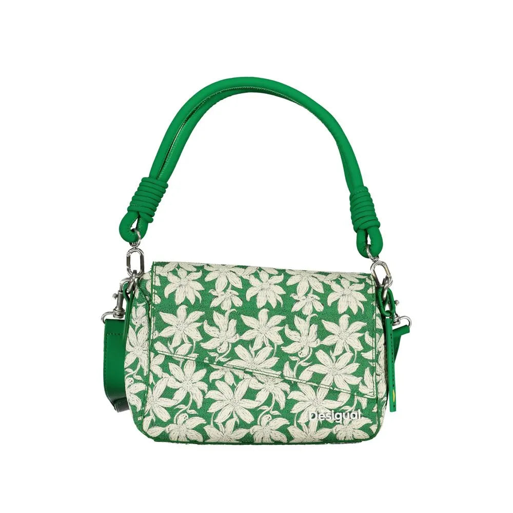 Desigual green polyurethane handbag with white floral print, thick green top handle, and flap closure.