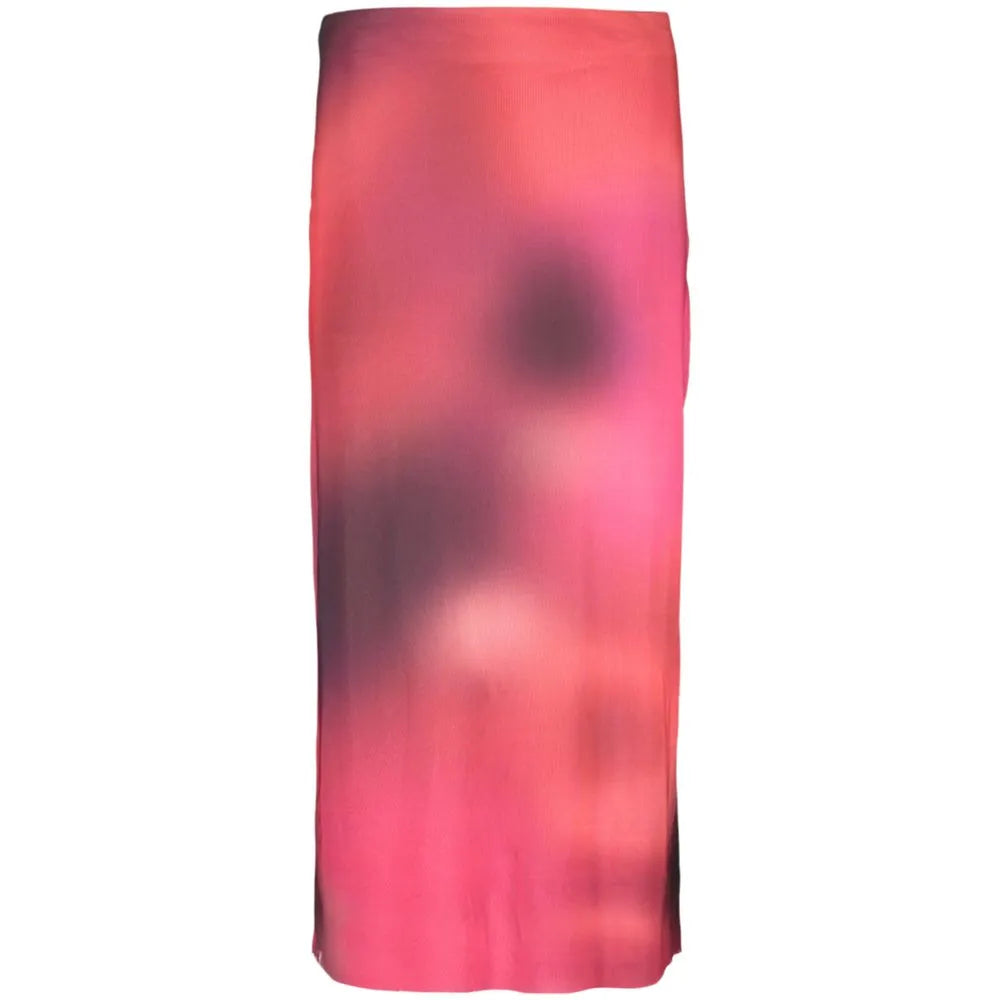 Vibrant Viola polyester long skirt with an abstract gradient pattern in pink, fuchsia, and purple tones.