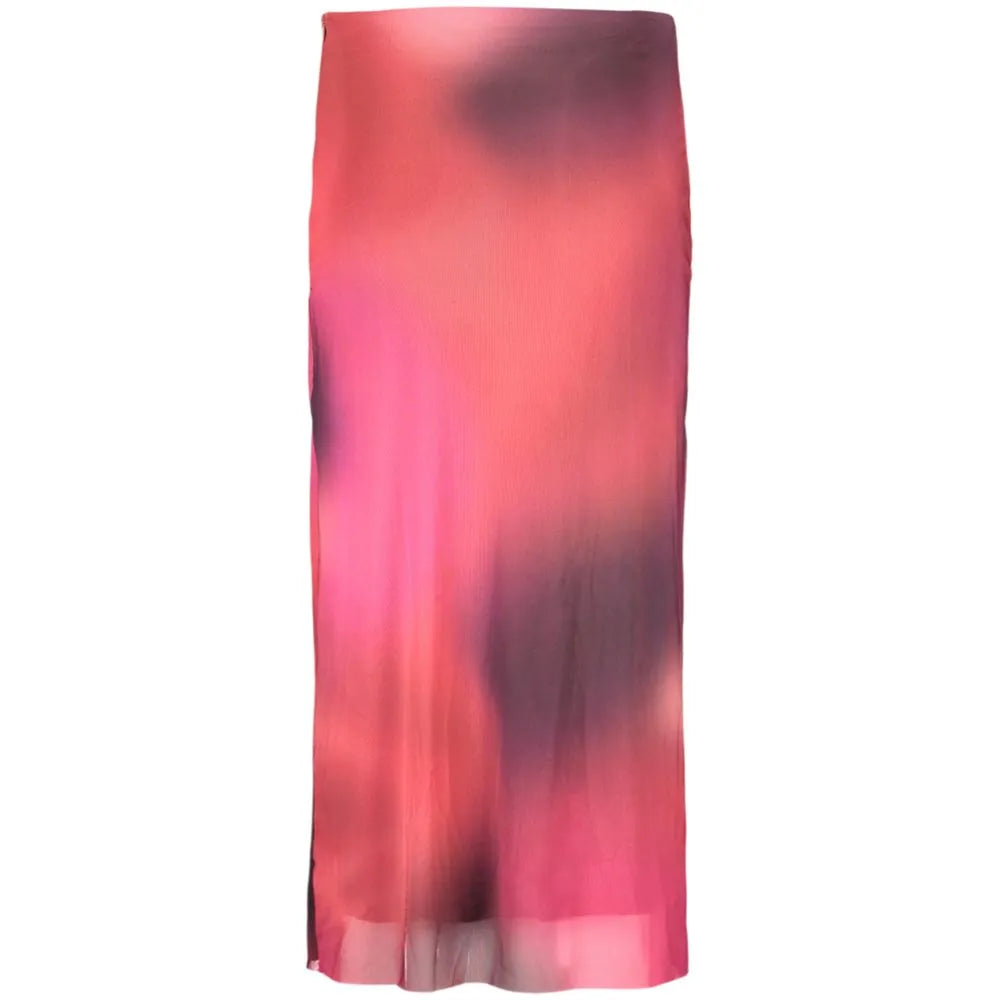 Viola polyester women's long skirt featuring a vibrant pink and dark purple abstract tie-dye print.