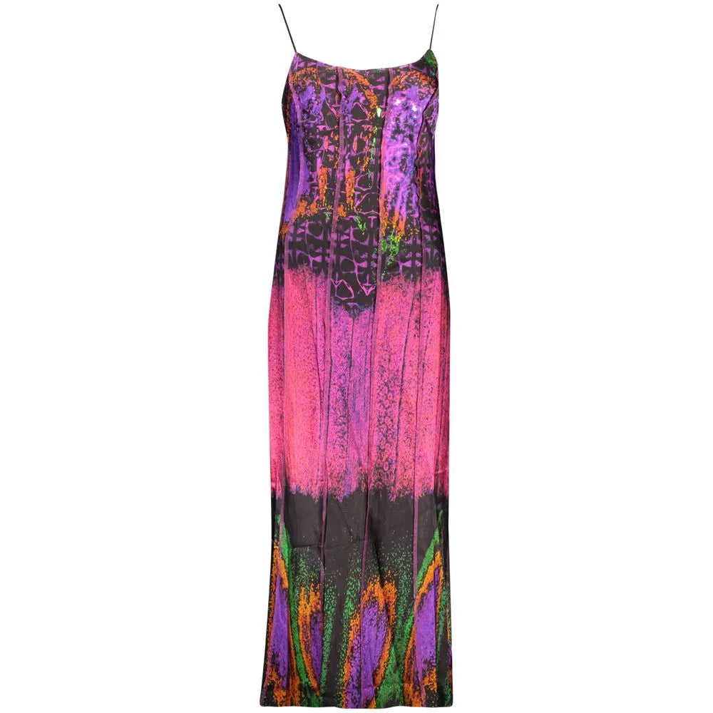 Vibrant Viola Viscose women's maxi dress with pink, black, green, orange abstract pattern and delicate spaghetti straps.