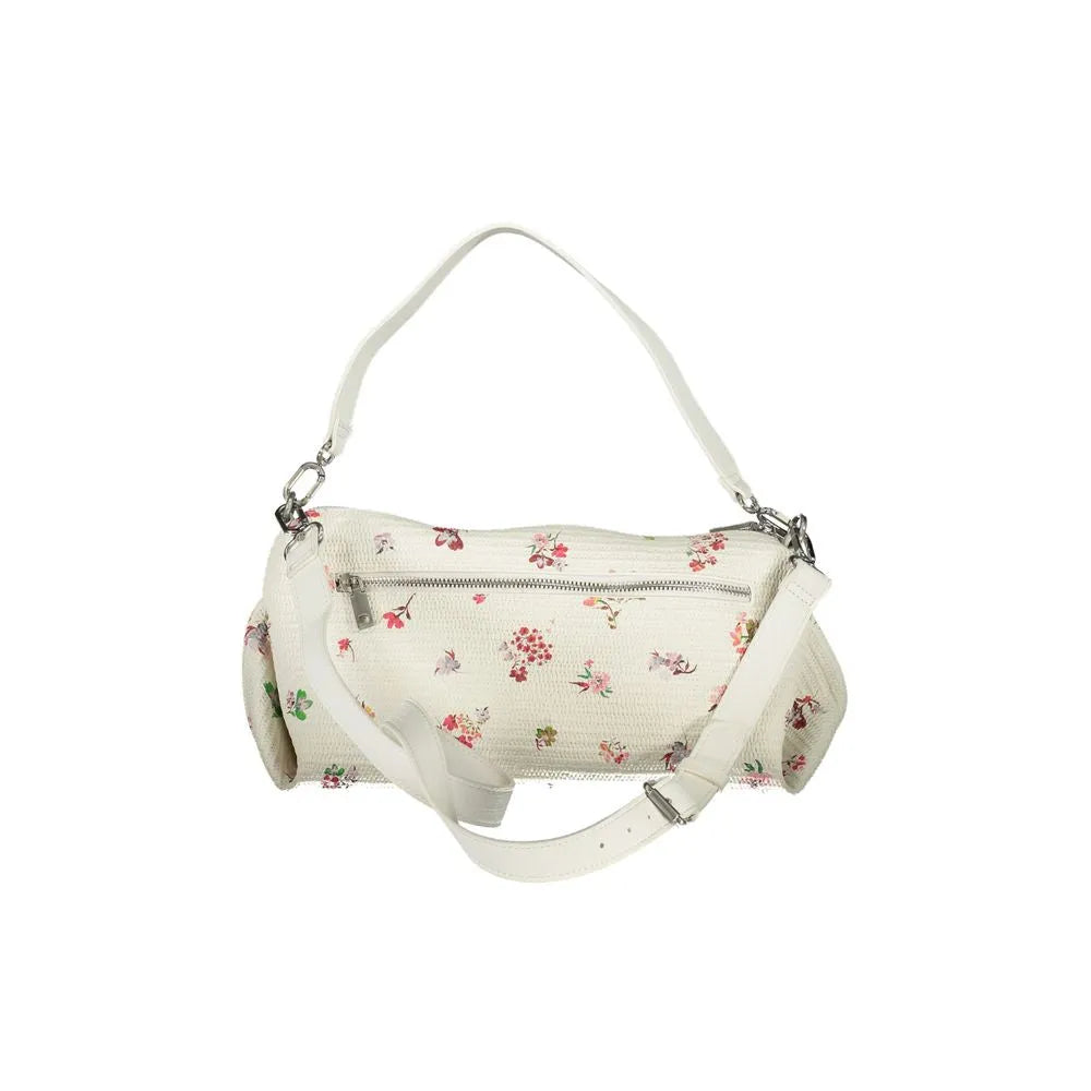 White polyurethane women's handbag with woven texture, colorful floral print, and adjustable strap.