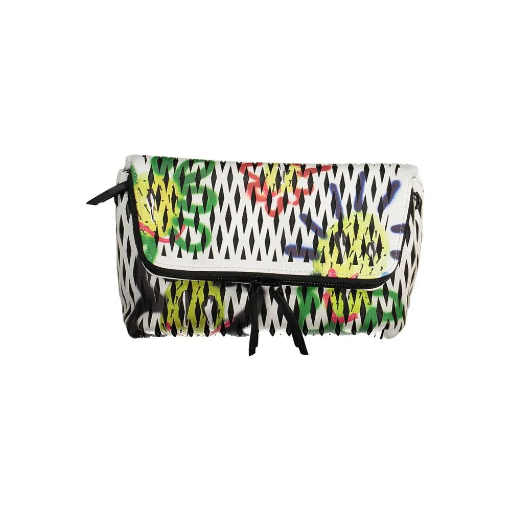 White Desigual polyurethane handbag with black lattice pattern and vibrant graffiti art, featuring a flap and zip closure.