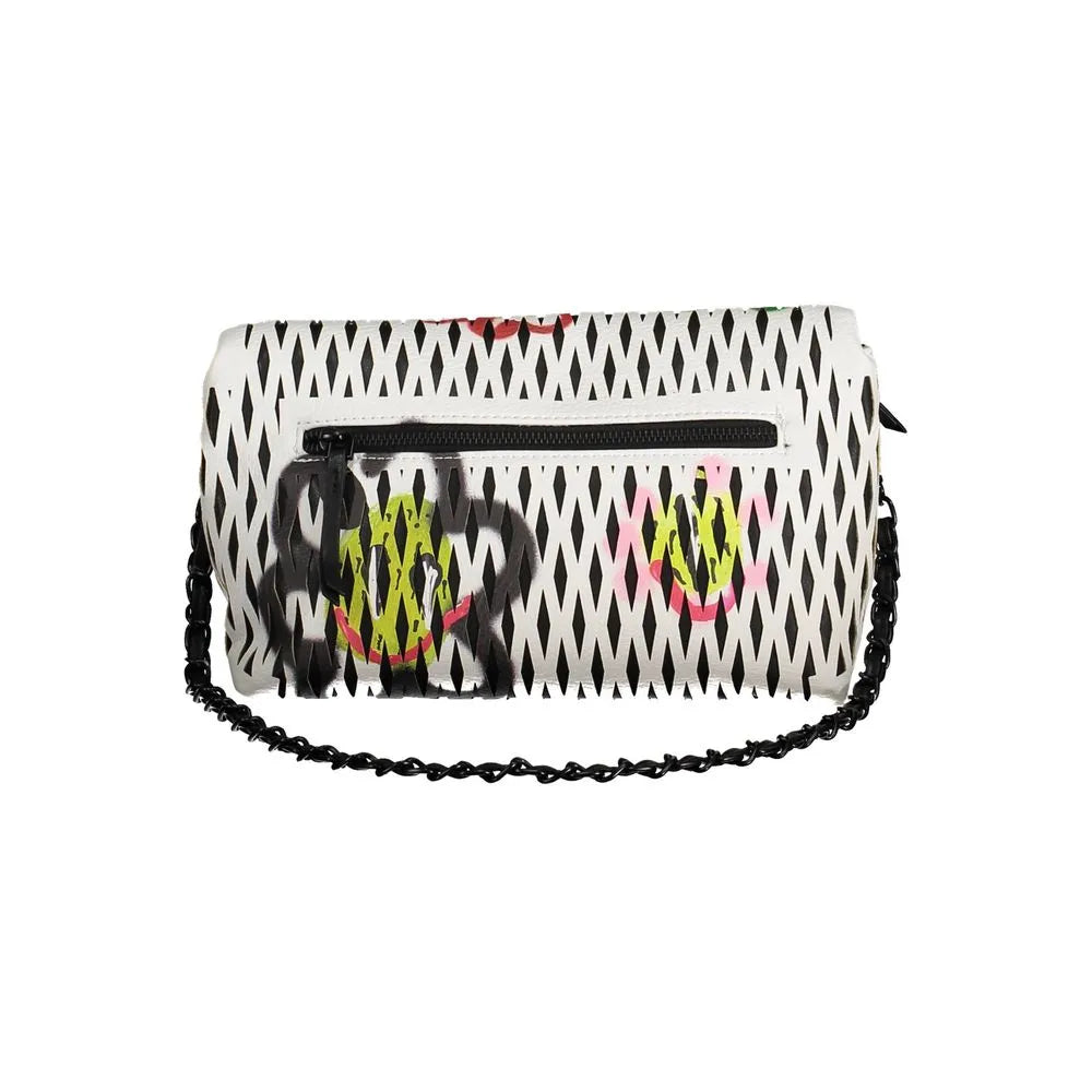 White polyurethane women's handbag with black diamond pattern, colorful abstract art, front zip pocket, and chain strap.