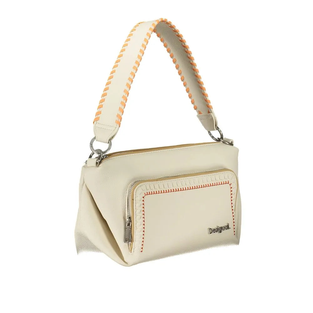 White polyurethane Desigual women's handbag with orange stitched top handle and front zip pocket.