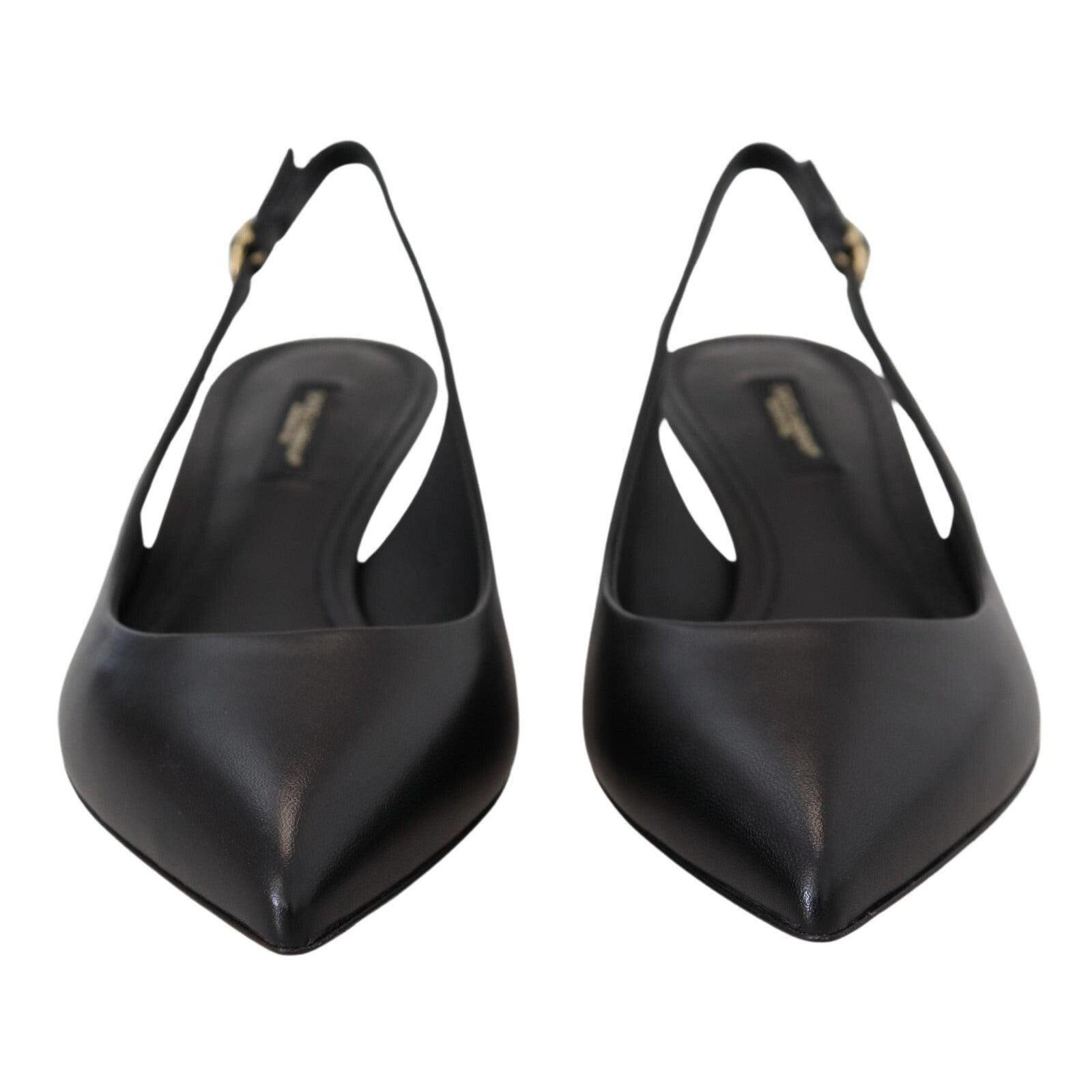 Black Leather Slingbacks Heels Pumps Shoes