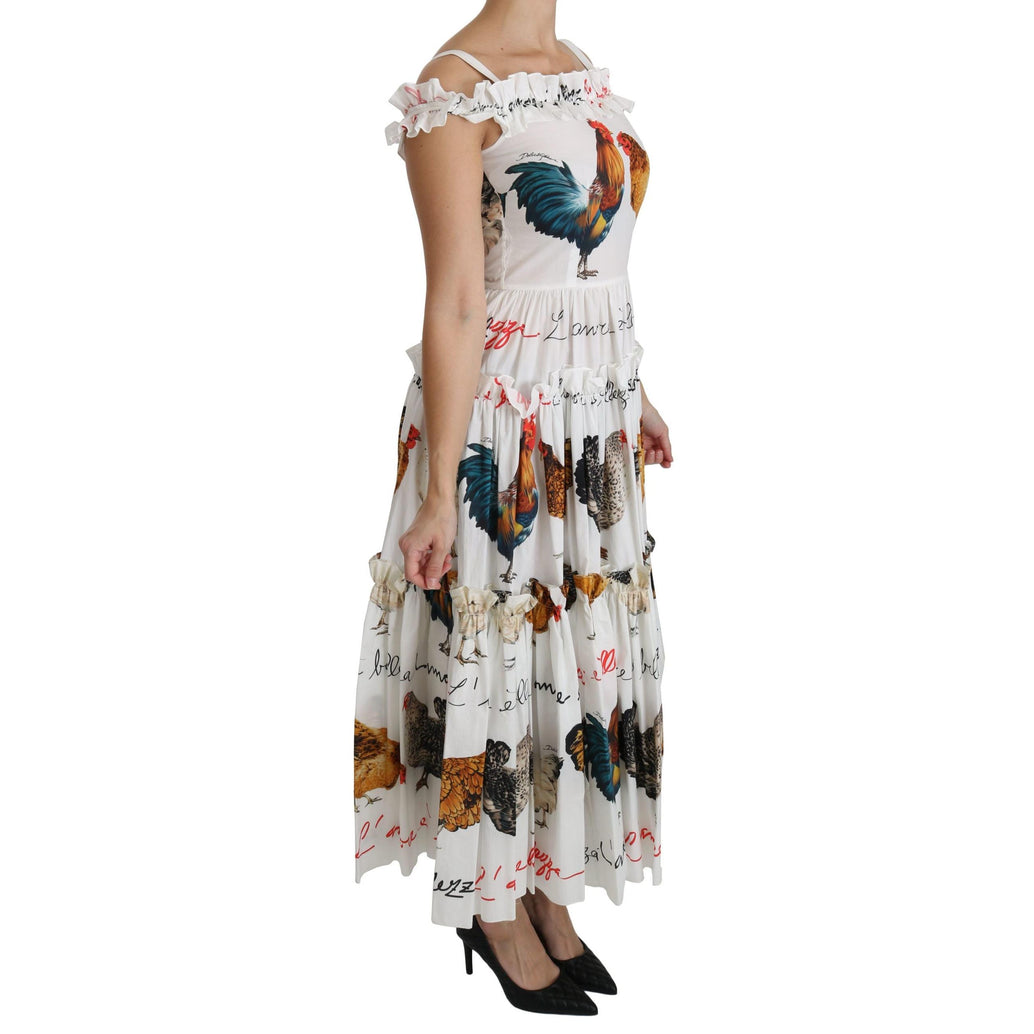 White Rooster Sheath Midi Cotton Dress