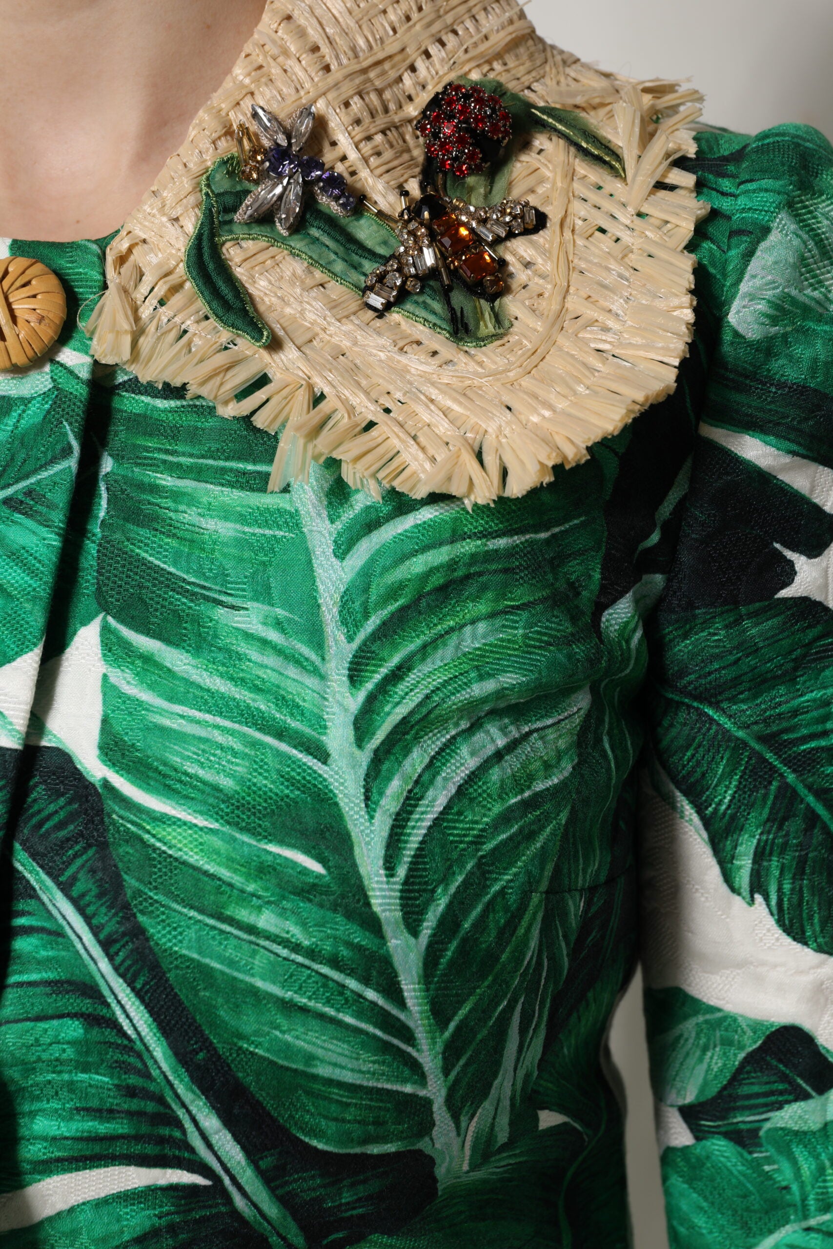 Multicolor Leaf Print Embellished Trenchcoat Jacket