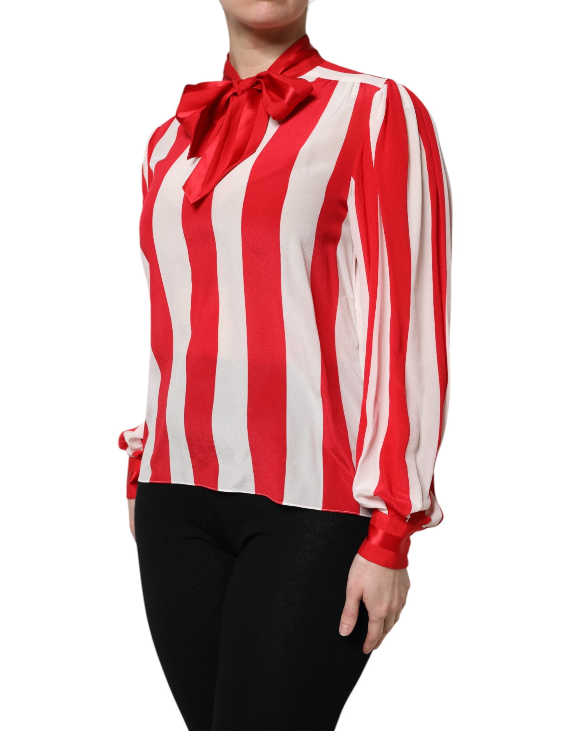 Red White Stripes Ascot Collar Blouse Top
