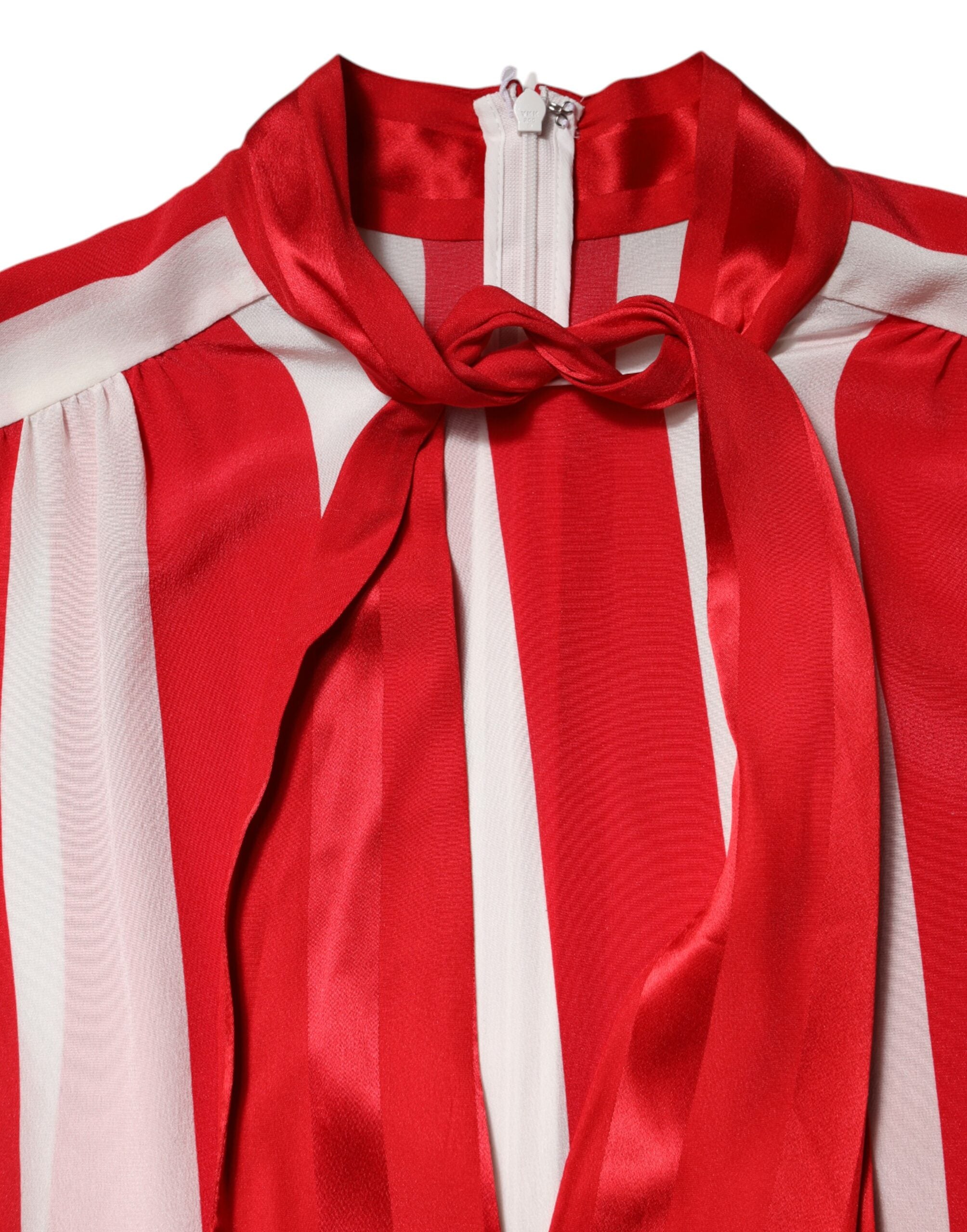 Red White Stripes Ascot Collar Blouse Top