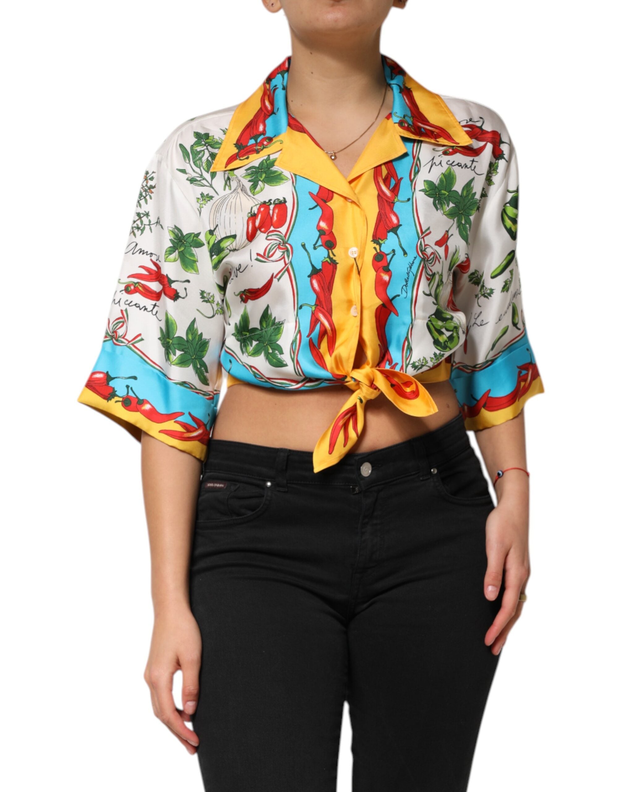 Multicolor Chili Silk Cropped Blouse Top