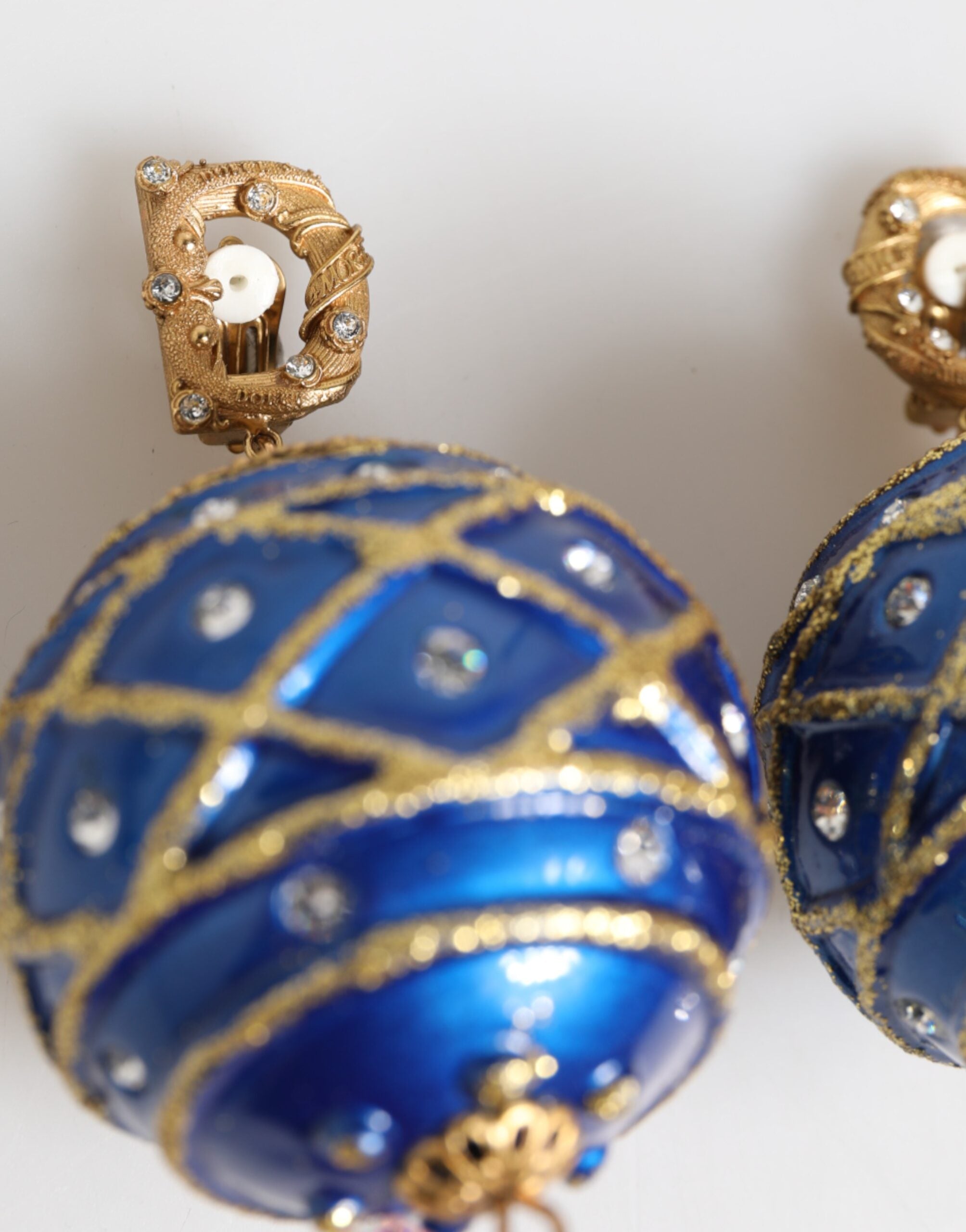 Gold Brass Blue Christmas Ball Crystal Drop Clip On Earrings