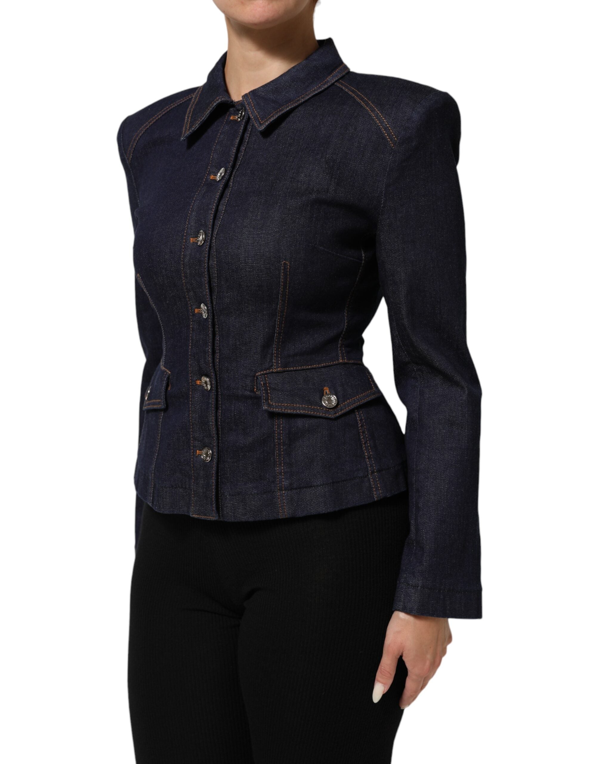 Dark Blue Cotton Collared Denim Coat Jacket