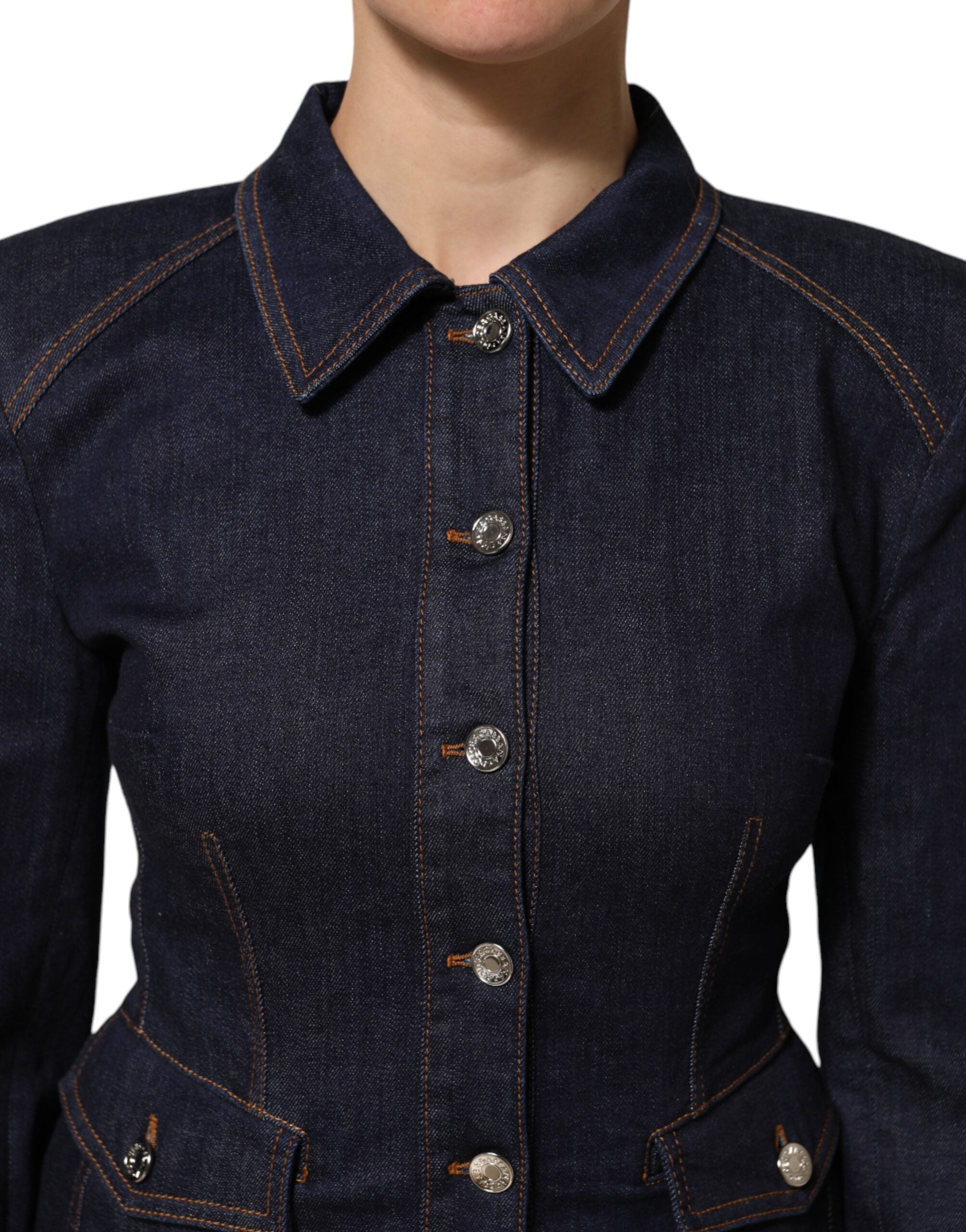 Dark Blue Cotton Collared Denim Coat Jacket