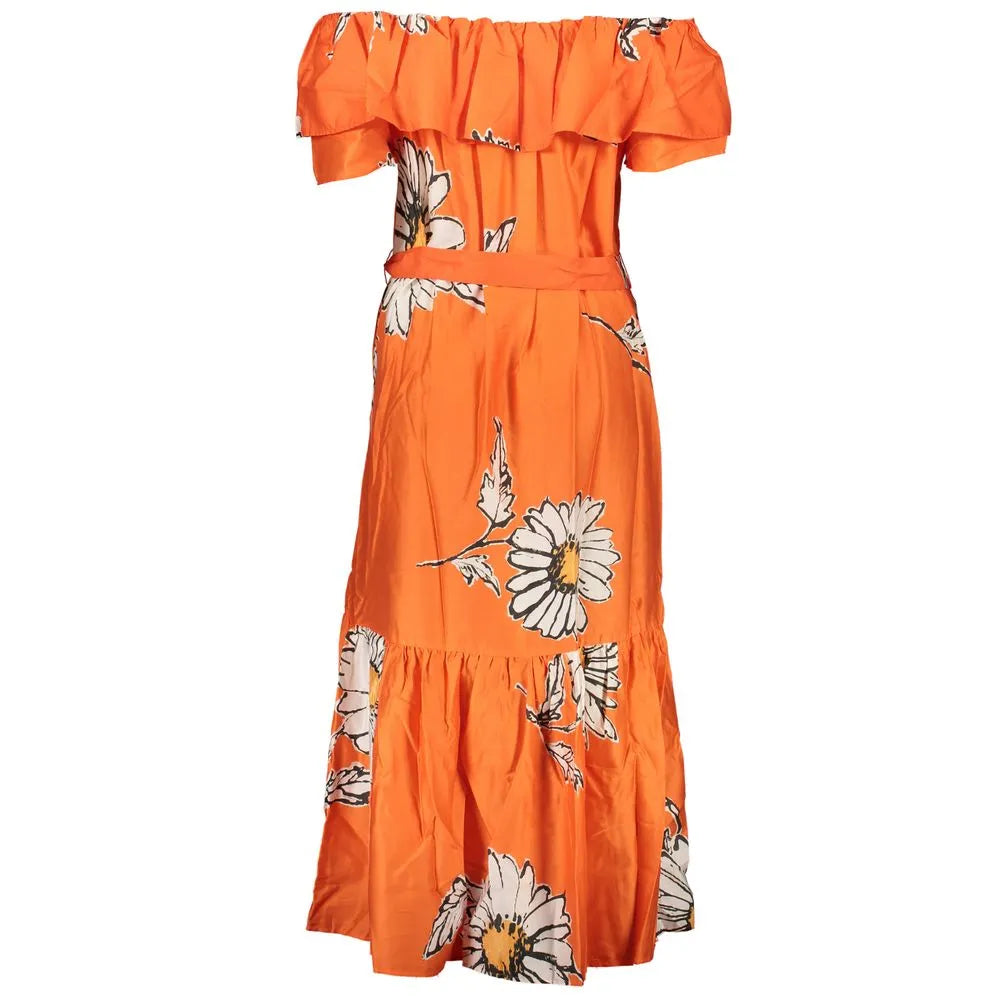 Orange cotton off-shoulder maxi dress with ruffled neckline, short sleeves, and white daisy floral print.