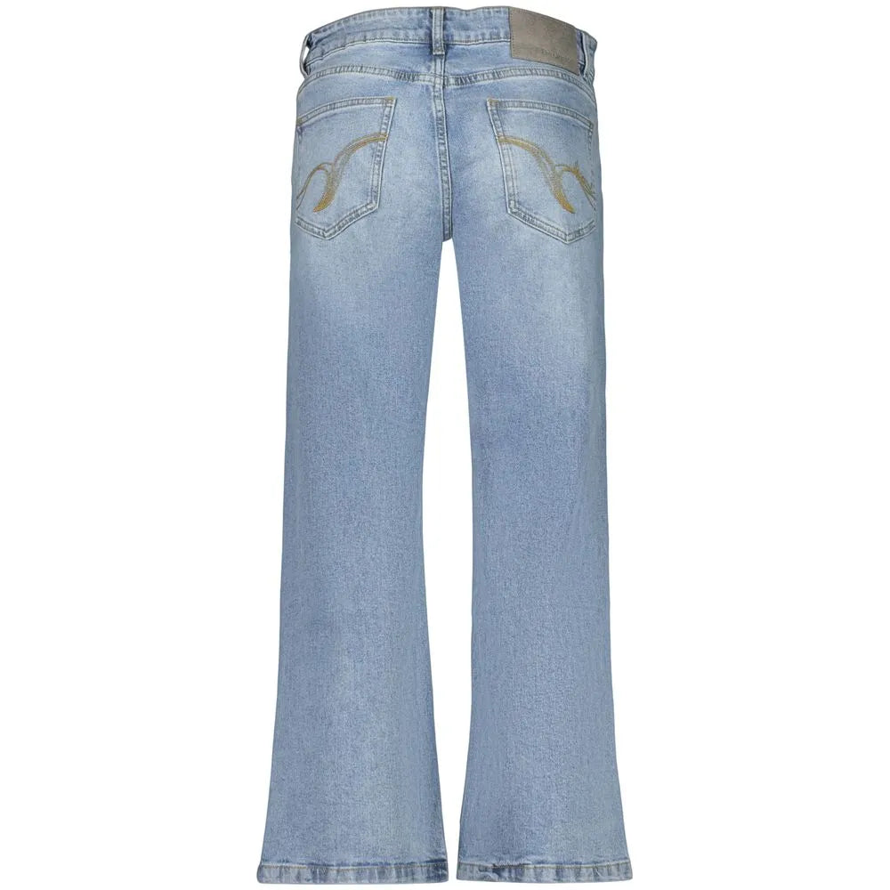 Azzurro cotton blend women's wide-leg jeans, back view, with distinctive gold stitching on the rear pockets.