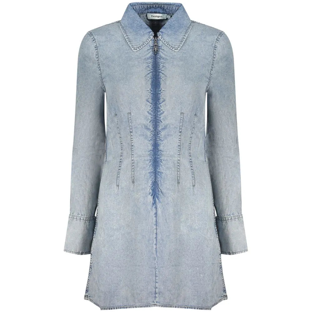 Azzurro Desigual Lyocell short dress with a washed effect, long sleeves, collar, and full front zip.