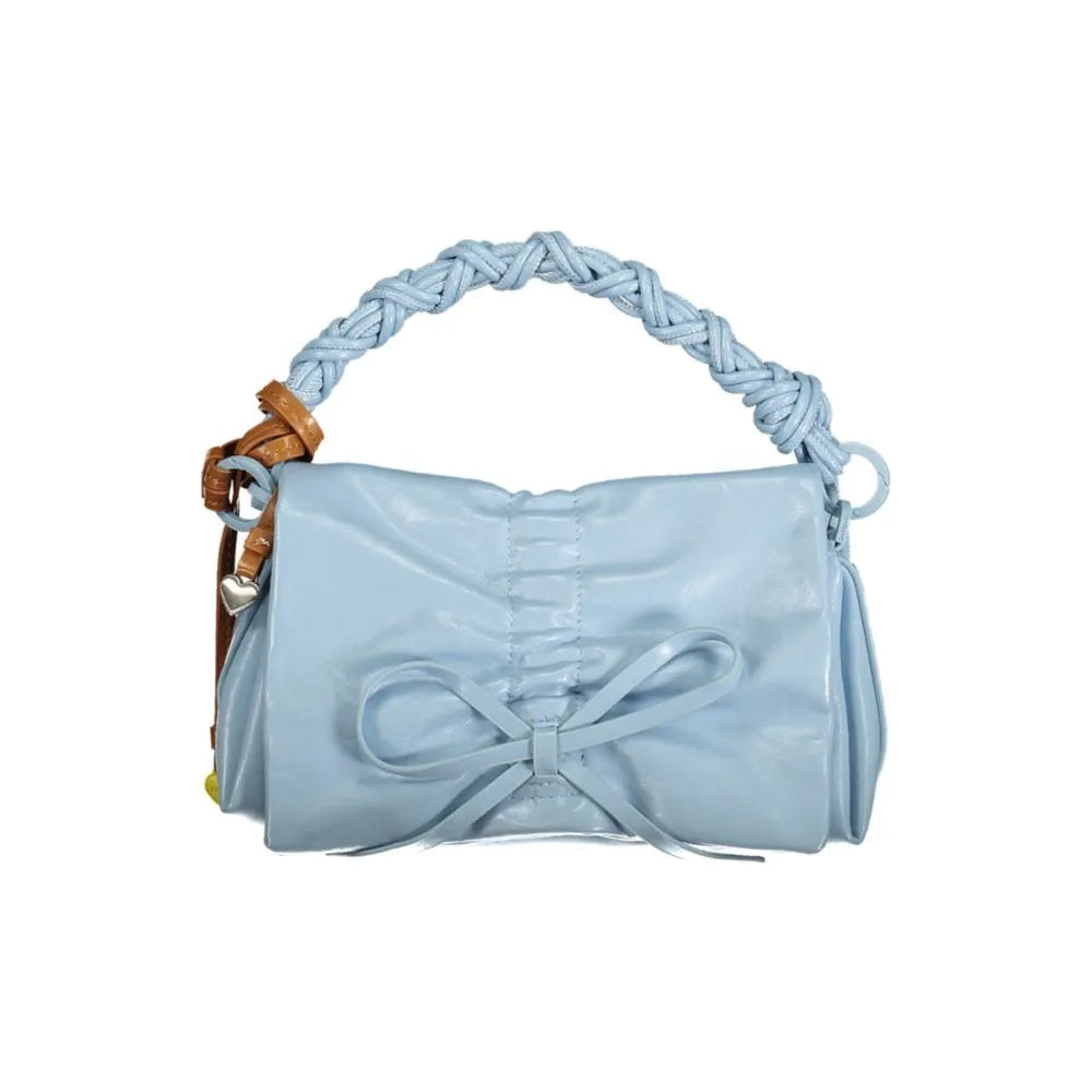 Azzurro polyurethane women's mini bag with braided handle, front bow, ruched flap, and brown charm.