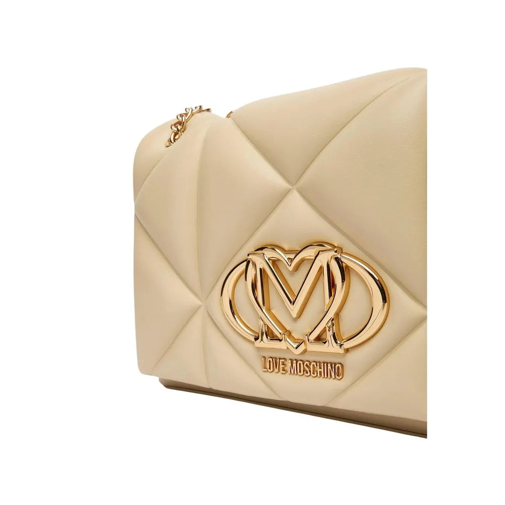 Elegant beige quilted faux leather Love Moschino medium handbag featuring a prominent gold-tone logo and chain.
