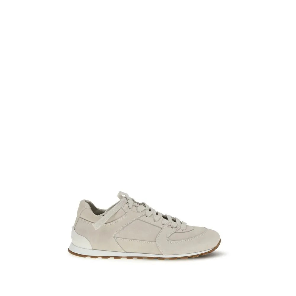 Beige calf leather low-top sneakers with suede finish, lace-up closure, and rubber sole.