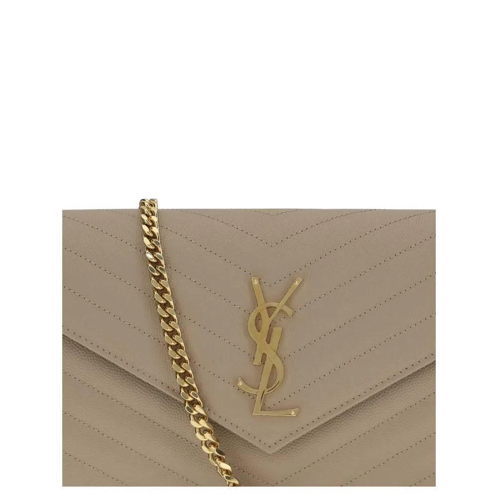 Saint Laurent beige calf leather shoulder bag with matelassé chevron texture, golden YSL logo, and chain strap.