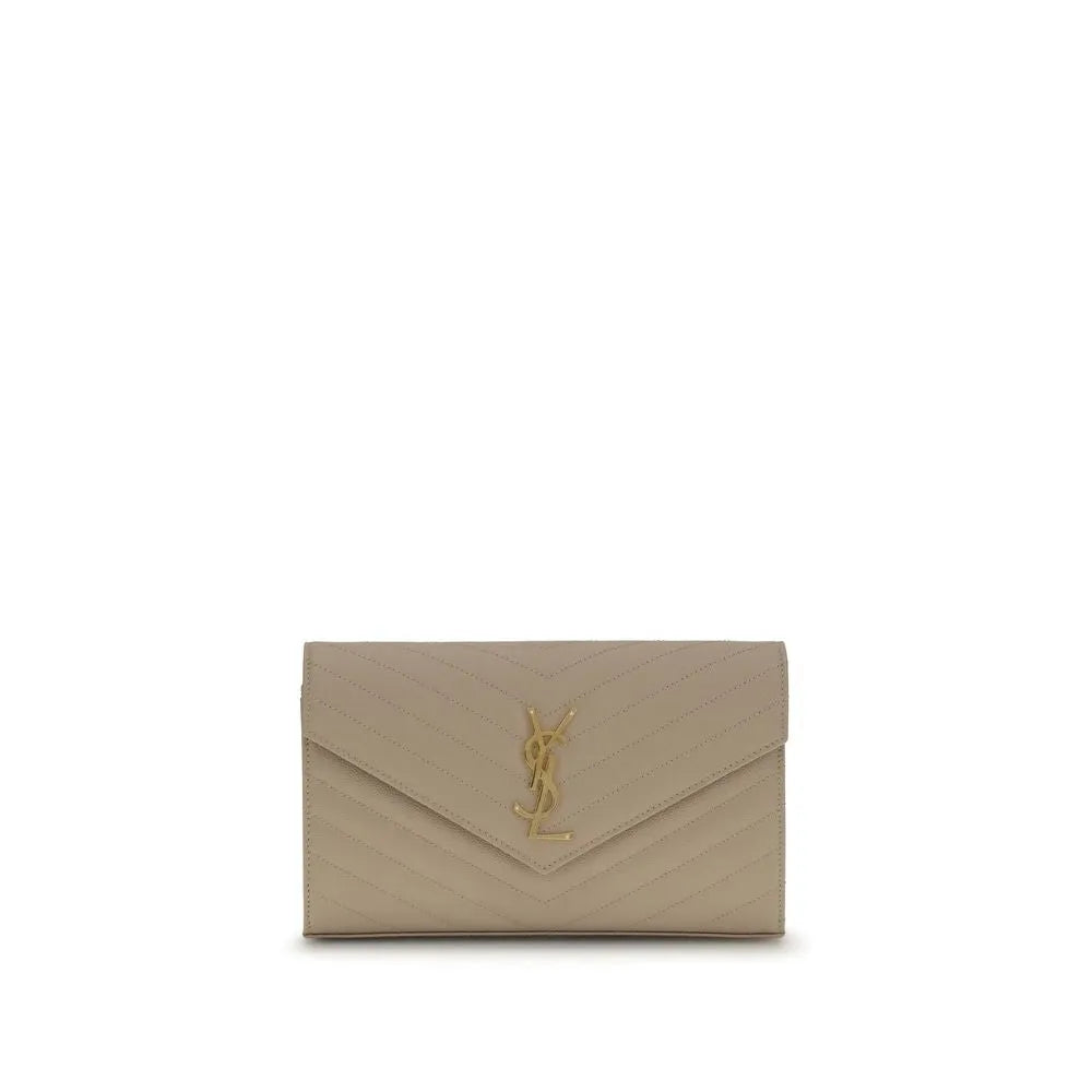 Beige calf leather Saint Laurent Monogram shoulder bag with matelassé chevron quilting and golden YSL logo.