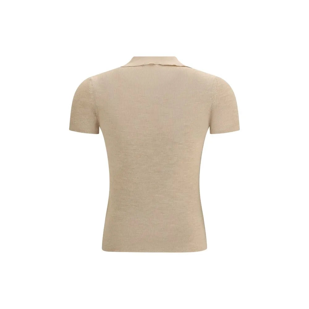 Back view of a beige ribbed fleece wool polo shirt with short sleeves and a classic collar.