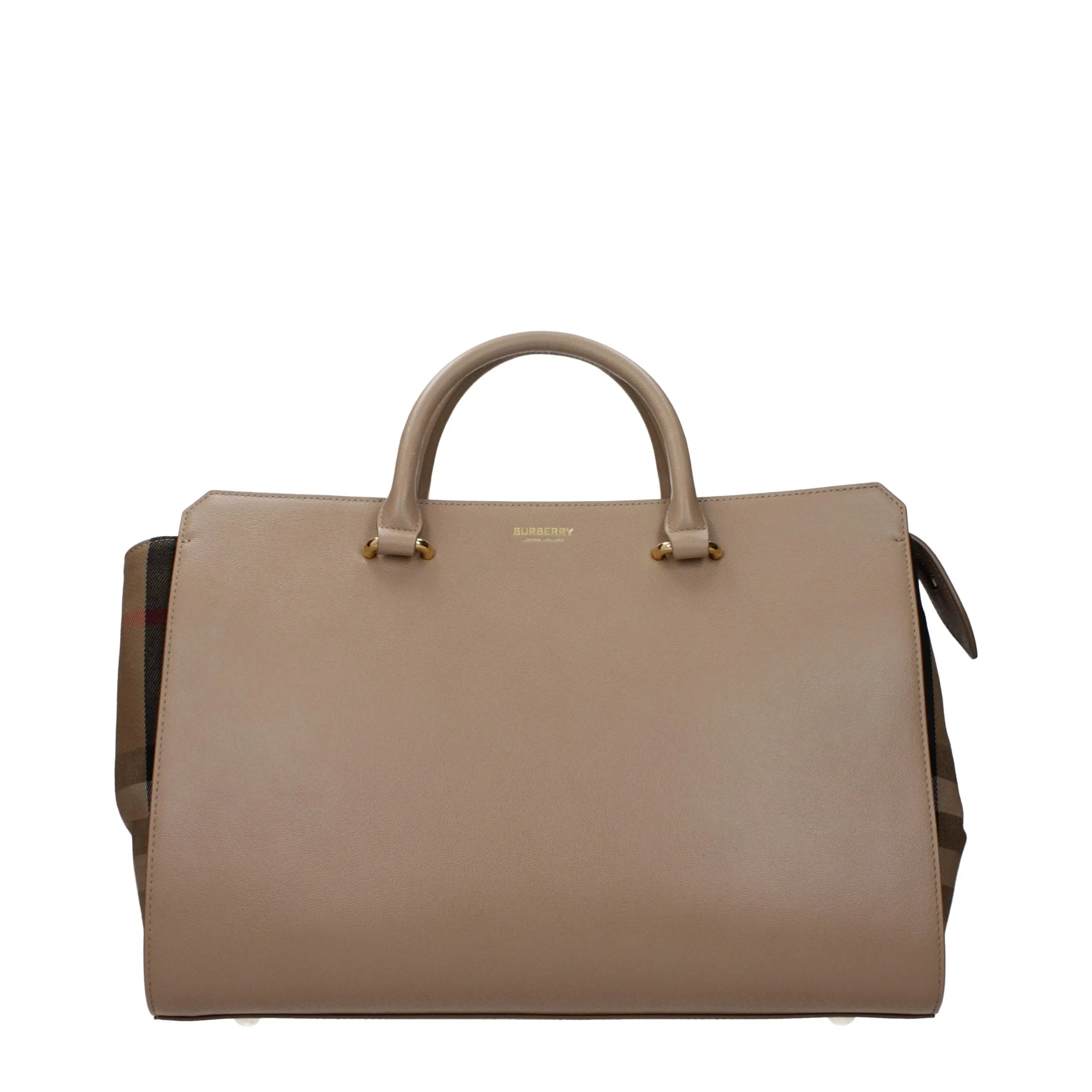 Burberry medium beige leather handbag with top handles, gold logo, and signature check print side panels.