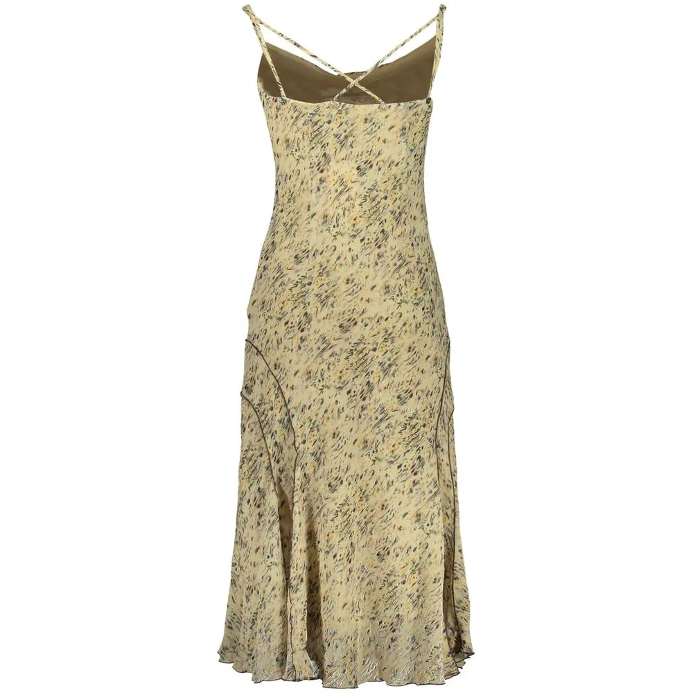 Beige polyester women's dress with abstract gritty print, featuring crossed spaghetti straps at the back.
