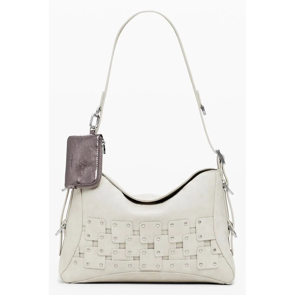 Beige polyurethane shoulder bag with woven studded front design and attached metallic silver coin purse.