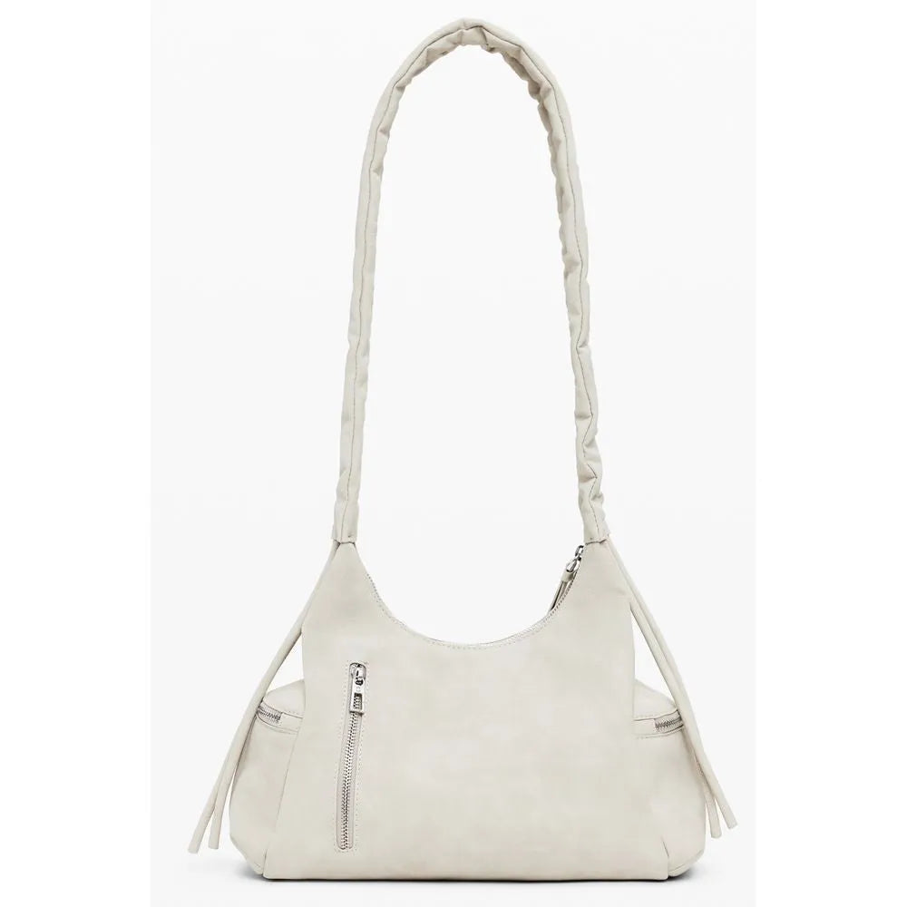 Beige polyurethane women's handbag with a ruched shoulder strap, front vertical zip, and soft, slouchy design.