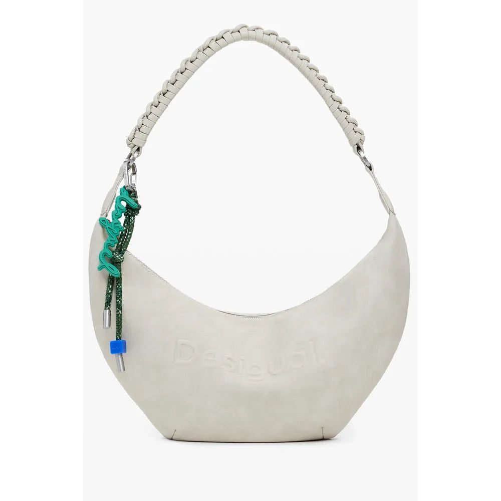 Women's beige polyurethane Desigual Zante handbag with embossed logo, braided handle, and green contrast charm.