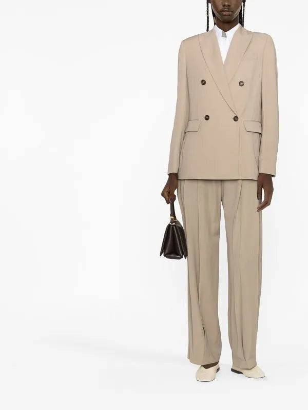 Chic Brunello Cucinelli Bleeker Beige double-breasted viscose blazer with dark buttons and matching wide-leg trousers.