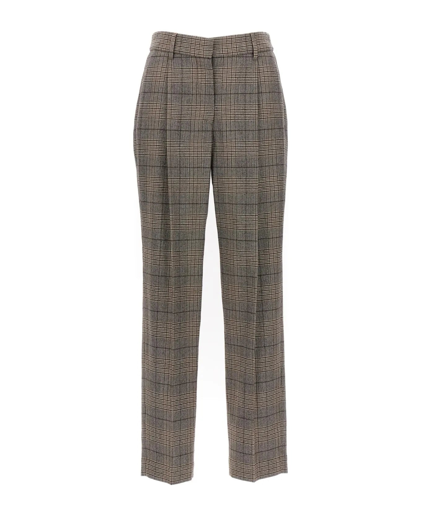 Brunello Cucinelli women's beige, brown, black plaid wool blend dress pants with front pleats.
