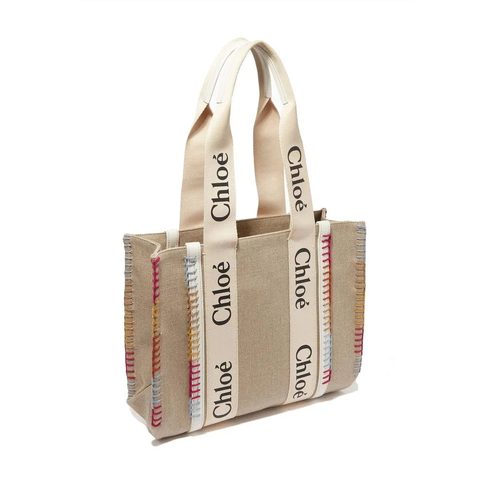 Beige recycled wool Chloé tote bag with logo ribbon handles and multi-colored blanket-stitched trims.