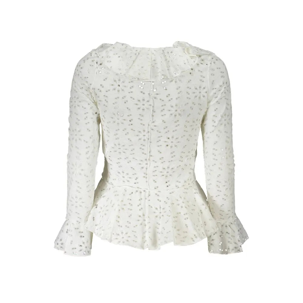 Bianco cotton women's blouse with ruffled collar, eyelet pattern, long sleeves, peplum hem, and ruffled cuffs.