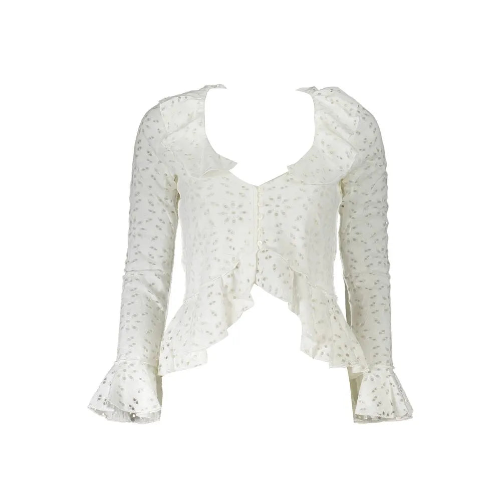 Bianco white cotton blend blouse with V-neck, ruffles, and long flared sleeves.