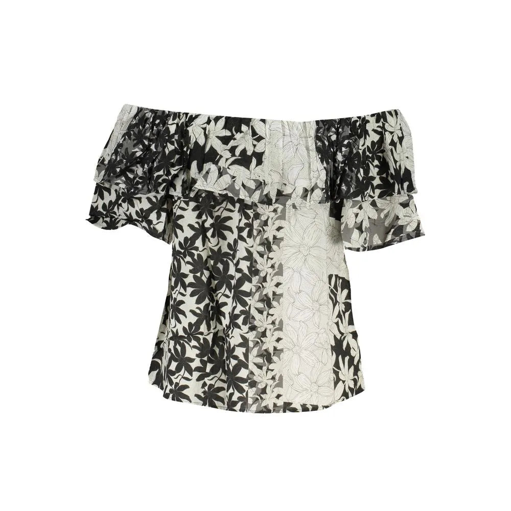 Chic women's off-the-shoulder cotton top with a unique black and white split floral pattern and ruffled short sleeves.