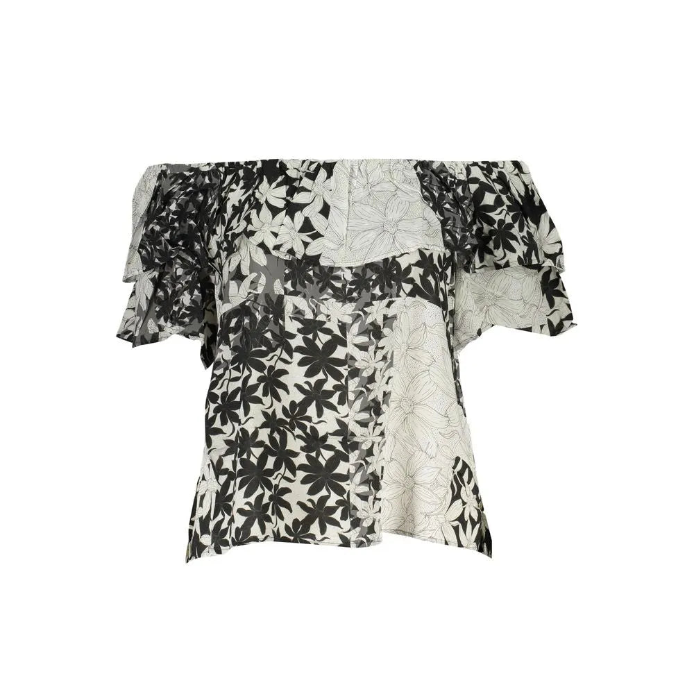 Bianco cotton off-shoulder top with ruffled sleeves and a black & white floral pattern.