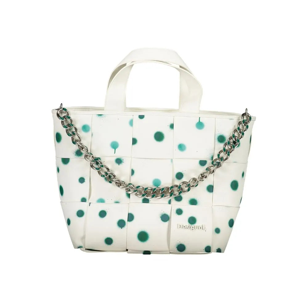 White Desigual polyurethane women's handbag with woven texture, green spray-painted dots, and silver chain strap.