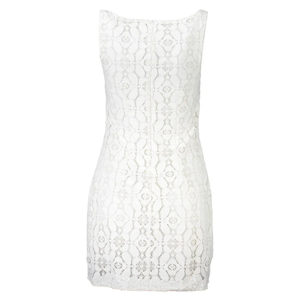 Bianco polyester women's sleeveless short dress with intricate textured pattern and back zip.