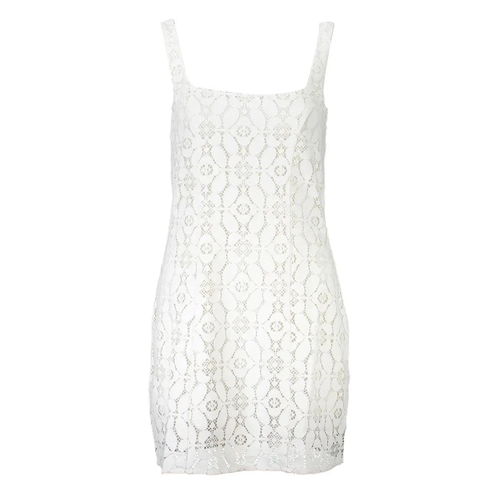Bianco polyester sleeveless mini dress with square neckline and elegant geometric lace pattern.