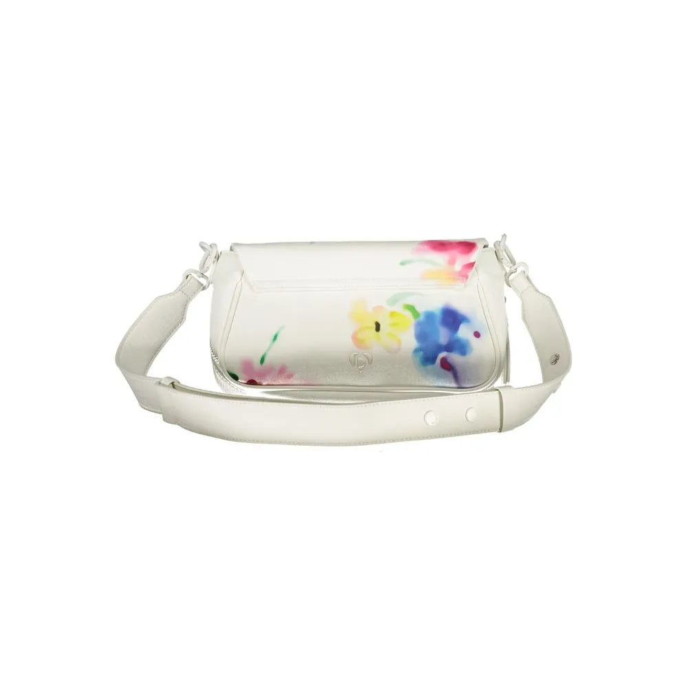 DESIGUAL Bianco polyurethane women's shoulder bag with vibrant watercolor floral print and adjustable strap.